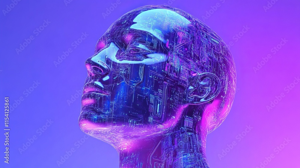 Poster digital human model with glowing circuit patterns showcases the integration of technology and humani