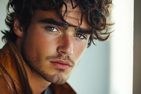 Close-up portrait of a young man with dark, wavy hair and intense blue eyes, wearing a brown leather jacket.