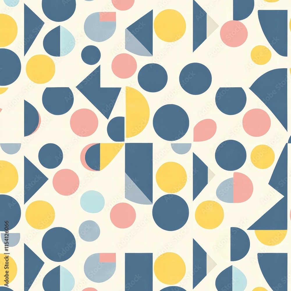 Poster colorful geometric pattern featuring circles, triangles, and abstract shapes on a light background. 