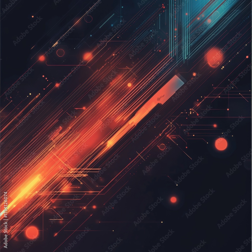 Poster dynamic abstract background with vibrant orange and blue lines creating a high-tech digital atmosphe