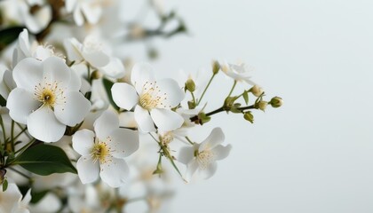 Obraz premium Delicate White Flowers with Green Leaves on Soft Background in Elegant Minimalist Composition