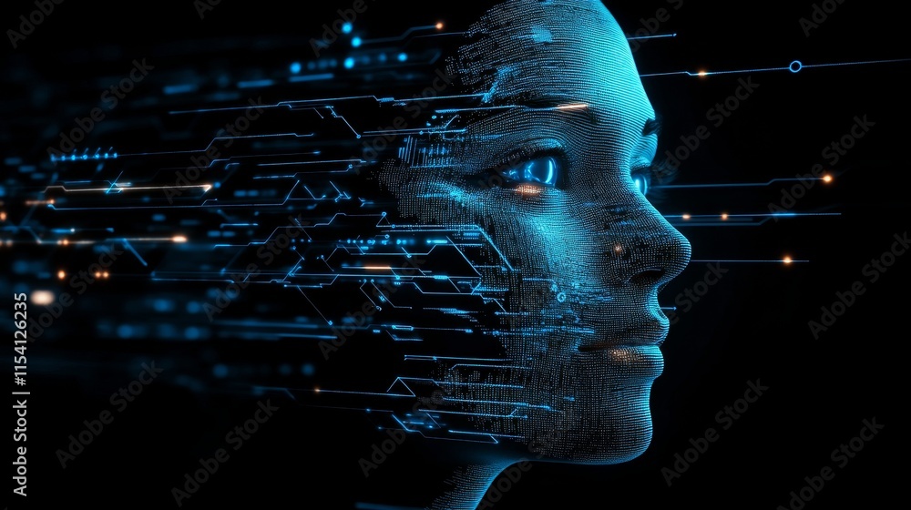 Poster digital representation of a human face merging with technology, showing intricate patterns of circui
