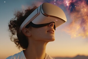 Woman experiences virtual reality while gazing at a cosmic landscape during sunset