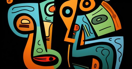 Abstract illustration featuring colorful, geometric faces intertwined in a vibrant design.