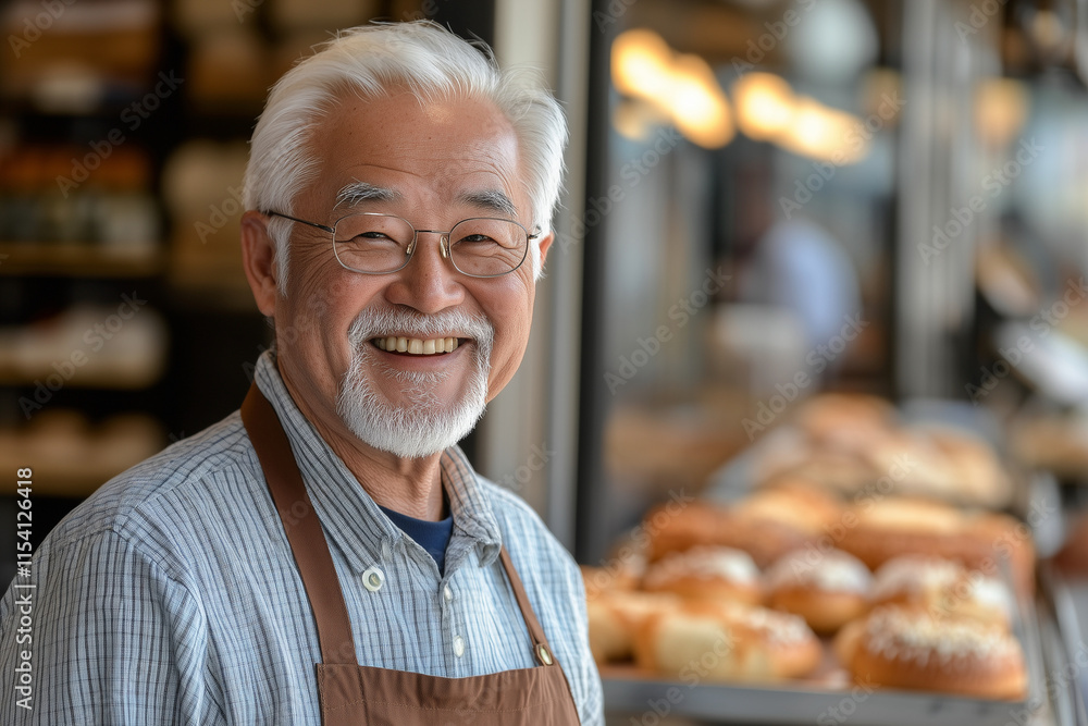 Poster man with a big smile on his face stands in front of a bakery display. he is wearing an apron and gla