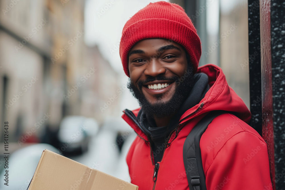 Poster man in a red hat and jacket is smiling and holding a cardboard box. he is happy and content