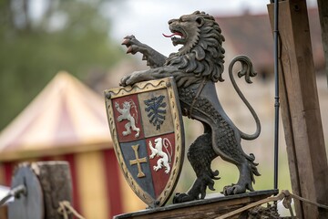 A heraldic lion with wings displayed in a crest, set against a black background. The lion symbolizes strength and courage, while the wings represent freedom and nobility.