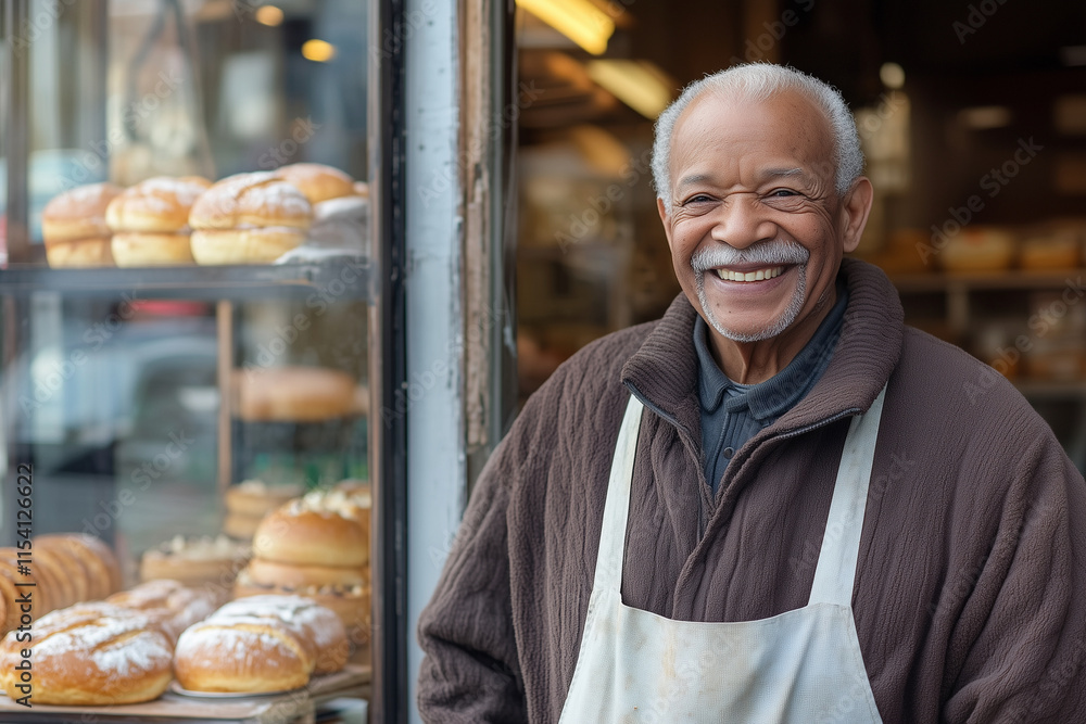 Poster smiling man stands in front of a bakery window with a white apron on. he is smiling and he is happy