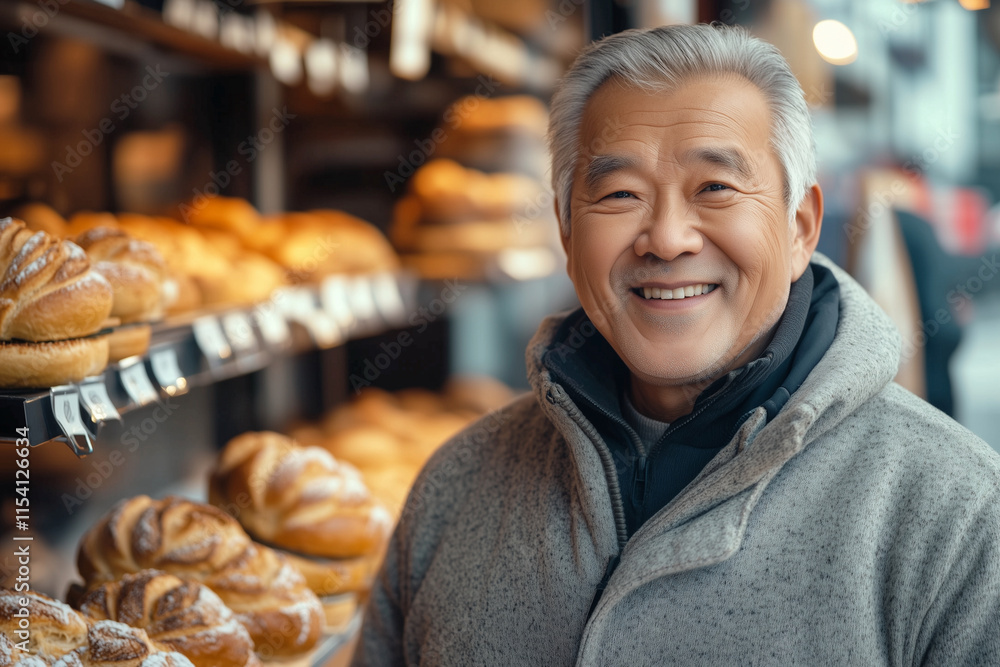 Poster man is smiling and standing in front of a bakery display. he is wearing a gray jacket and he is happ
