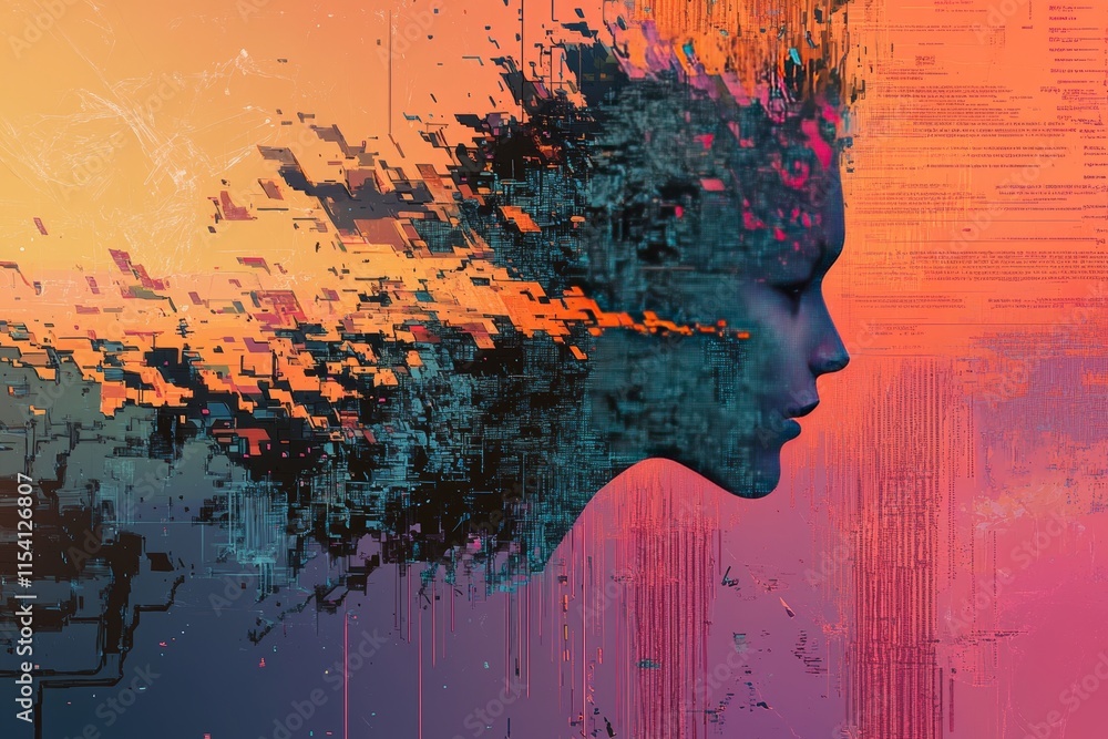 Poster visual representation of digital transformation with a silhouette of a woman's face merging into vib