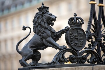 A medieval-style heraldic crest featuring a rampant lion, symbolizing courage and nobility. The lion stands upright on hind legs, claws extended, set against a bold shield backdrop.