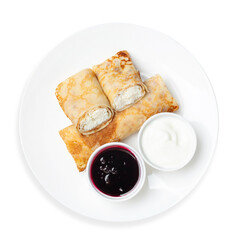 Russian pancakes stuffed with cottage cheese, on a white background, isolated. top view.