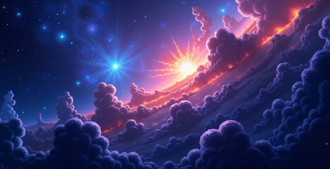 Celestial landscape with glowing sun and colorful clouds