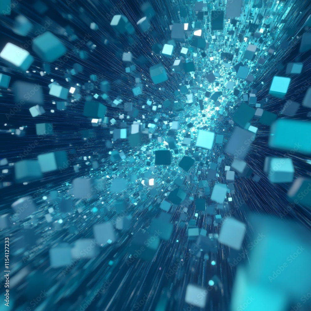 Poster dynamic movement of turquoise cubes against a dark background creates a mesmerizing 3d visual effect