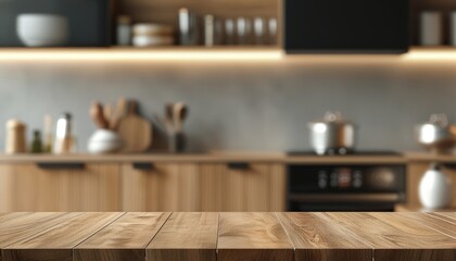 Wooden Table Surface in Modern Kitchen Setting with Blurred Background for Cooking Themes