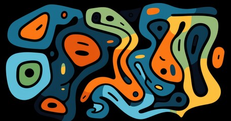 Abstract colorful shapes and patterns create a dynamic visual composition.