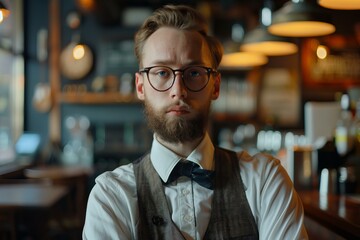 Fototapeta premium Confident barman wearing glasses and bow tie standing in a restaurant