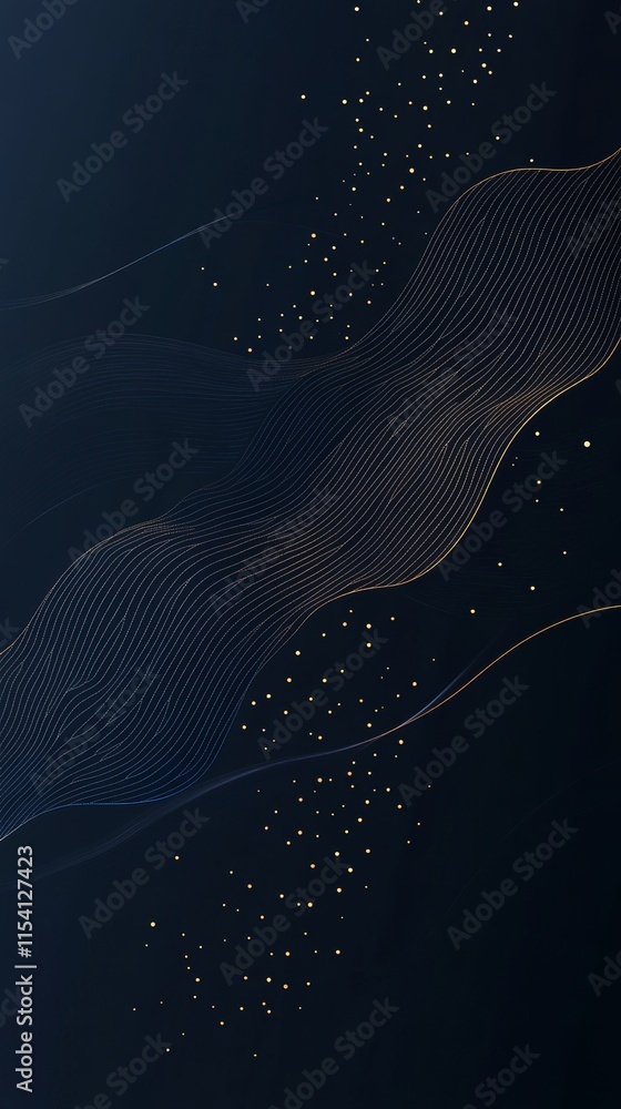Poster elegant abstract design featuring flowing lines and scattered dots on a dark background, creating a 