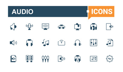 Audio minimal icon set. Contains related to soundwave, music, headphones, wave, mixer, speaker and more. Outline symbol collection. Solid line editable vector illustration.