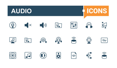 Audio minimal icon set. Contains related to soundwave, music, headphones, wave, mixer, speaker and more. Outline symbol collection. Solid line editable vector illustration.