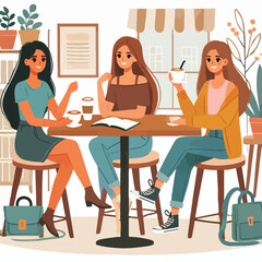 Fototapeta premium Flat young girl friends in cafe on meeting vector image vector on a white background