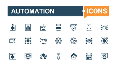 Automation linear icon collection. Contains such icons as engineering, flow, business, gear, production, product and more. Thin linear style icons. Outline and solid pictogram.