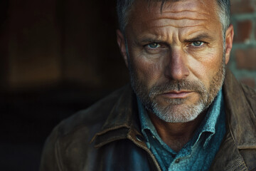 Obraz premium Close-up portrait of a mature man with a serious expression, wearing a brown leather jacket.