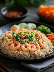 Shrimp Fried Rice Served With Fresh Vegetables and Dipping Sauce in a Cozy Dining Setting