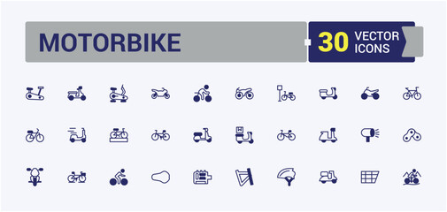 Motorbike icon collection. Contains such icons as road, business, tour, activity, vehicle, no, eco and more. Minimal icons. Outline and solid pictogram.