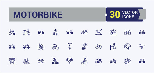 Motorbike icon collection. Contains such icons as road, business, tour, activity, vehicle, no, eco and more. Minimal icons. Outline and solid pictogram.