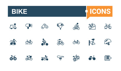 Bike vector line icon set. Contains such icons as healthy, classic, city, app, sport and more. Isolated icons design. Editable vector outline and solid icons.