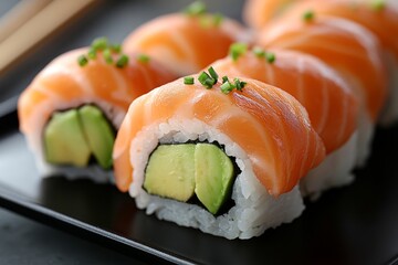 Delicious sushi rolls prepared with fresh salmon and avocado on a black plate ready to be enjoyed