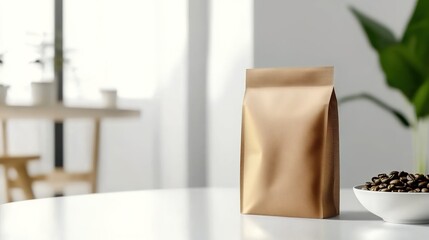 Craft an elegant mockup of a brown coffee bag with a foil lock on a white table background