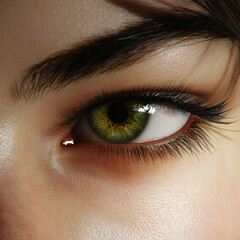 Obraz premium close up of human eye showcasing vibrant green iris and detailed eyelashes, reflecting light beautifully