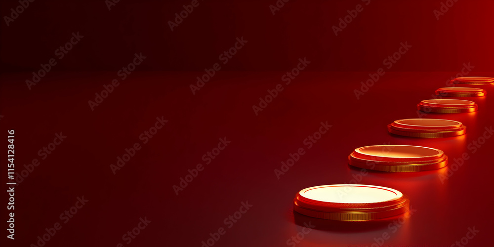 Poster red podiums: a line of glowing red podiums on a dark red background, creating a dramatic and minimal