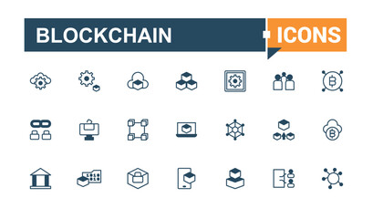 Blockchain lined icons set. It contains symbols to blockchain, key, digital, coin, node, bank, smart, 8s. Set of line pictogram. Solid line editable vector illustration.