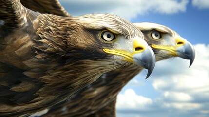 Obraz premium Majestic Eagles Soaring Against a Dramatic Sky, Capturing the Essence of Wildlife with Their Intense Gaze and Graceful Wings in a Stunning Close-Up View