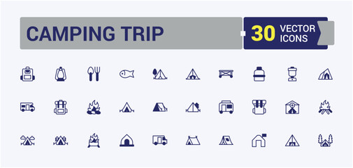 Camping Trip icon set. Related to tourism, knife, tour, vacation, tree, canoe and more. Simple line vector. Vector outline and solid icons collection.