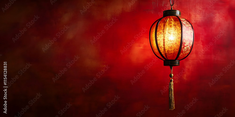 Poster red lantern glow: a single red lantern hangs against a backdrop of crimson, its soft glow casting a 