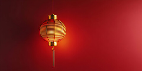 Obraz premium Golden Lantern, Chinese New Year: A golden lantern hangs against a vibrant red background, symbolizing hope, prosperity, and good fortune in the upcoming year.