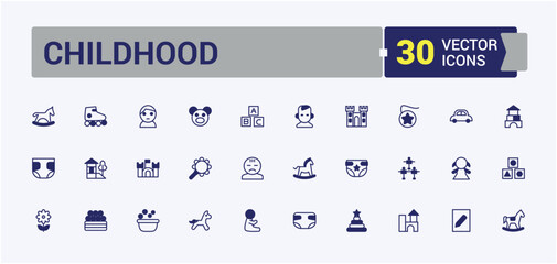 Childhood icon set. Containing education, play, playground, kid, boy, happy, cute and more. Minimal linear icons. Vector illustration in modern line style.