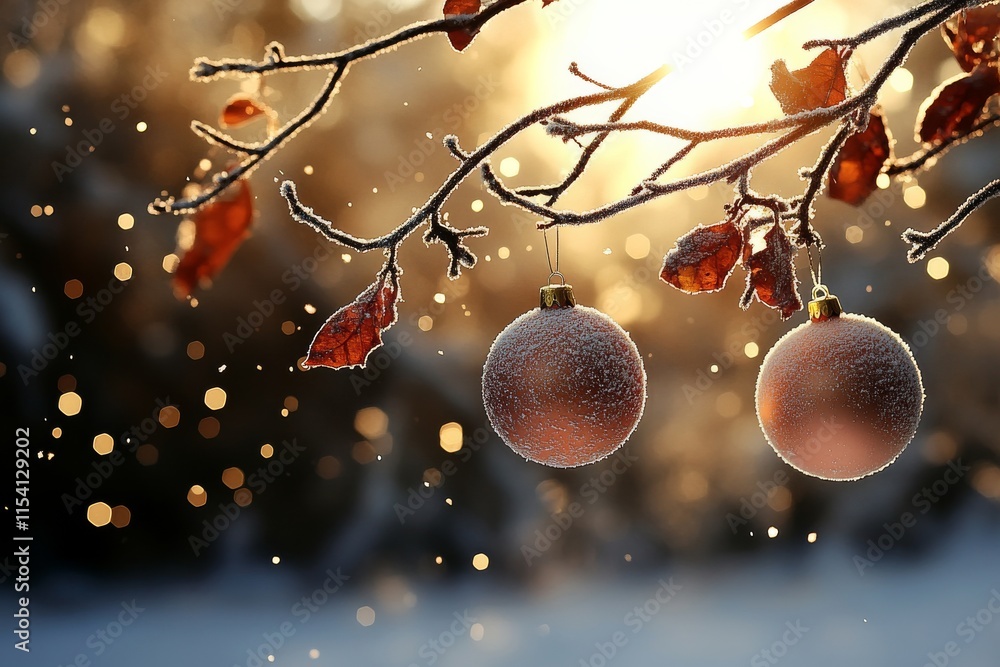Poster shimmering ornaments hanging from a frosted branch at sunset with sparkling snowflakes in the backgr