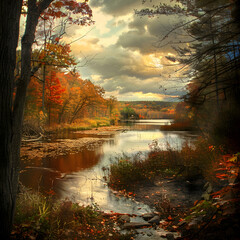 Naklejka premium Autumn Lake with Golden Leaves and Tranquil Reflections