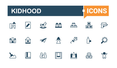 Kidhood icon set. Icons boy, baby, people, web, education, learning, kids and more. Set of line pictogram. Editable vector outline and solid icons.