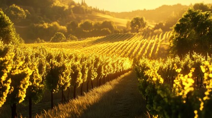 Naklejka premium Golden Hour Vineyard Rows Bask In Sunset Light