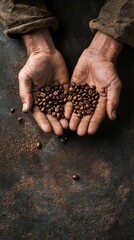 hands carrying coffee beans with copy space vertically 9:16