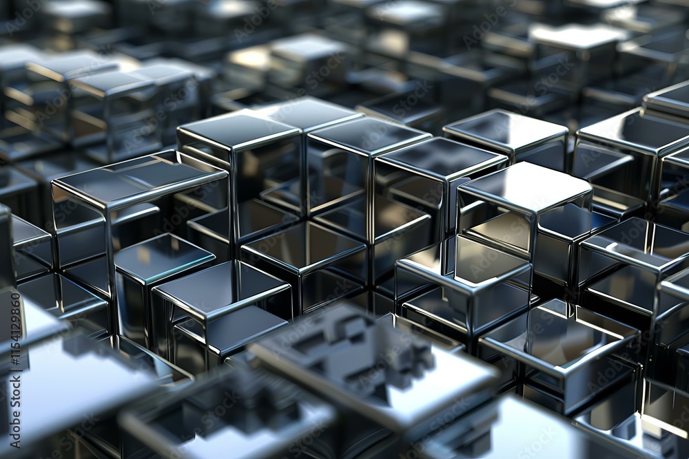 Poster shiny metallic cubes creating an abstract and complex structure, reflecting light and surroundings