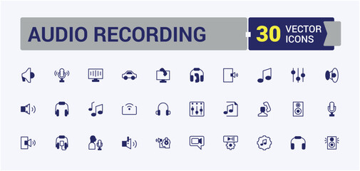 Audio Recording icon set. Related to speaker, set, radio, headphones, record and more. Isolated icons design. Solid line editable stroke. Vector line and solid icons.
