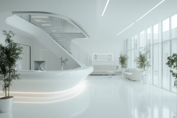 Modern minimalist interior design featuring an elegant reception area with a sleek staircase