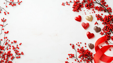 Premium festive still life, scarlet ribbon flowing, gold foiled heart chocolates, red winterberries arrangement, pure white background.